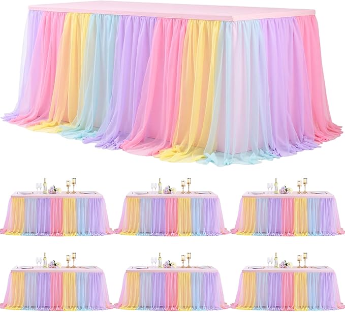 6 Pack 8ft Rainbow Tulle Tablecloths for Rectangle Tables, 8 Foot Rainbow Rectangular Table Cloth Wrinkle Free Tablecover with Tutu Skirt for Baby Shower Girls Birthday Party Banquet Buffet Cake