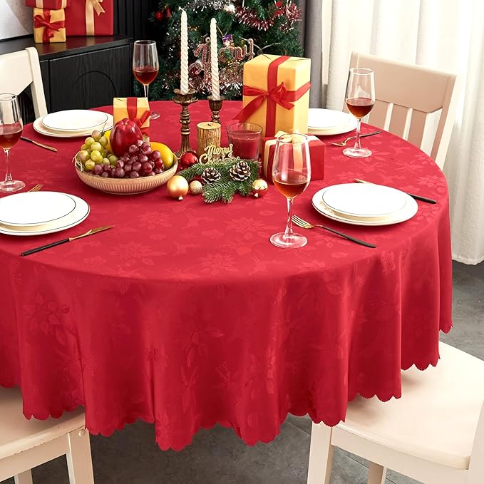 Christmas Round Tablecloth 60 Inch, Red Waterproof Washable Jacquard Fabric, Holiday Dining Table Cover for Kitchen Party Banquet Decor, Fits 20-46 Inch Table, Easy Clean