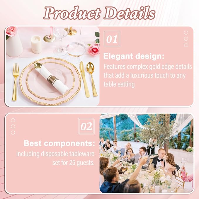 Hioasis 175pcs Pink and Gold Plastic Plates - Pink Plastic Dinnerware Set Includes 25 Dinner Plates, 25 Dessert Dinnerware, 25 Cups, 25 Napkins Perfect for Wedding & Valentine's Day