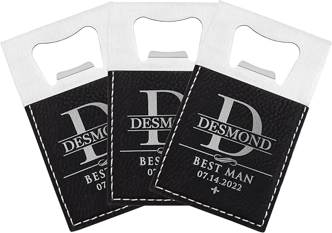 SET OF 3 - Groomsmen Gifts, Personalized Bottle Openers for Groomsman, Best Man, Groom, Custom W/Name - Title - Date, Men Gift Sets - 3 Color Options - Laser Engraved Men Gifts, Bachelor Party Favors