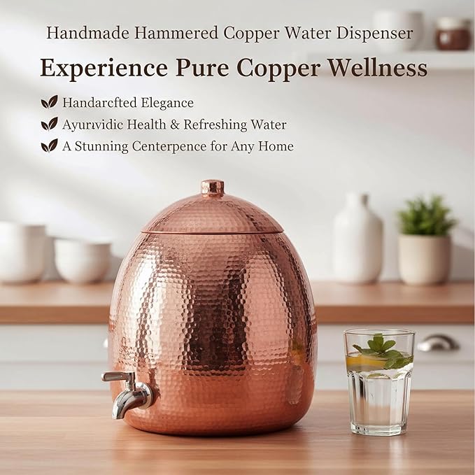 2.5 Gallon Hand-Hammered100% Pure Copper Water Dispenser - AyurvedicUncoated Artisan Crafted, Mirror Polished for Home & Office Use