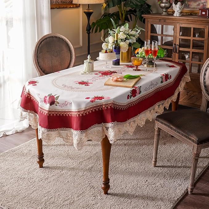SUTAVIA Oval Lace Embroidered Table Cloth Farmhouse TableCover Classic Elegant Antique Flower Decor Macrame Tablecloth for Home Holiday Party Dining Table (Burgundy, Oval, 52"x70")