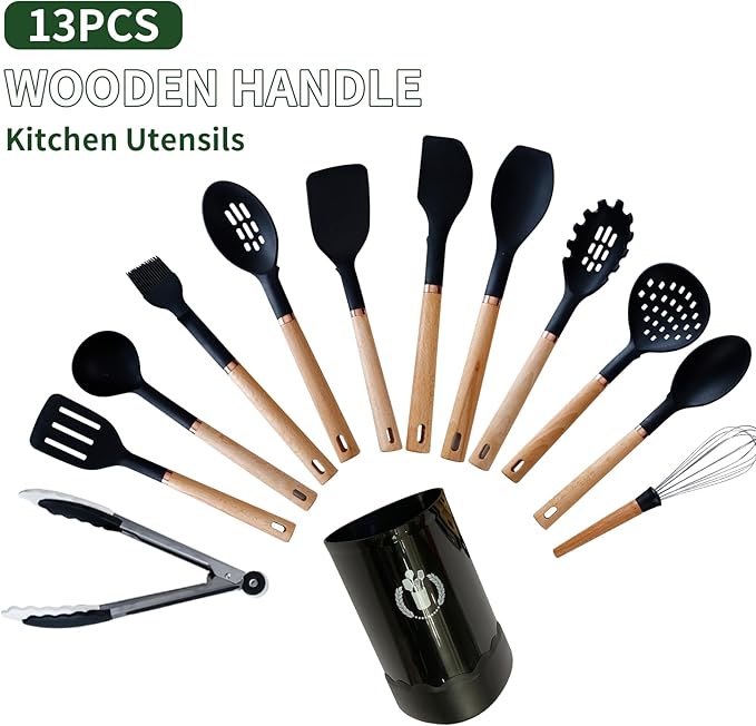 Silicone Cooking Utensils Set, Kitchen Utensils Set 13 Pcs for cooking, BPA Free Spatula Set with Heat Resistant Wood Handles for Nonstick Cookware (Black)