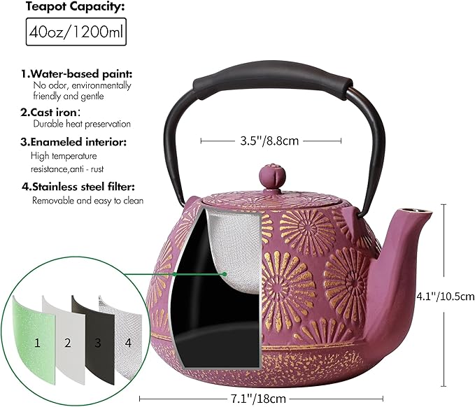 Cast Iron Teapot, 40oz Tea Kettle with Infuser for Stove Top, Sakura Design Japanese Tea Pot for Loose Leaf Coated with Enameled Interior, Silicone Handle 1200ml Pink