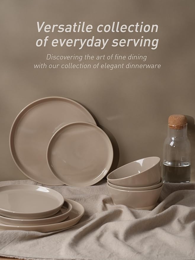 Famiware Saturn 16 Pieces Plates and Double Bowls Sets for 4, Stoneware Dinnerware Set with Pasta Bowl, Dish Set with Trim - Chip & Scratch Resistant, Microwave & Dishwasher Safe, Cinnamon Brown