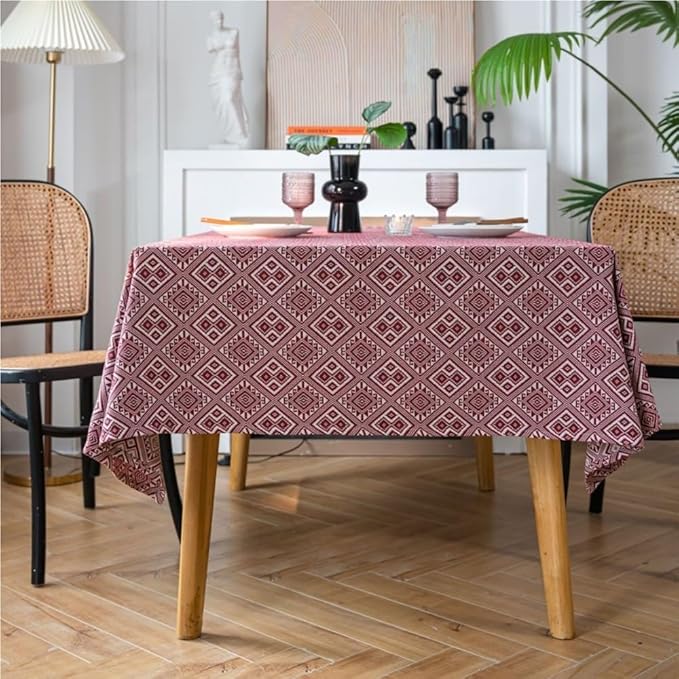 Rectangular Tablecloth Jacquard Festive Tablecloth Red Thick Tablecloth Diamond Geometry Suitable for Restaurant Camping(140 * 180cm)