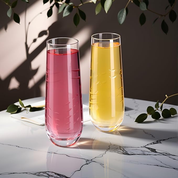 SHOSHIN Stemless Champagne Glasses Set of 4 – 9.5oz Lead-Free Crystal Flutes with Elegant Fish Pattern, Perfect for Parties and Weddings, Dishwasher Safe