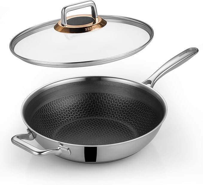 Hybrid 12-Inch Wok with Lid,Nonstick Stainless Steel Woks & Stir-fry pans,Wok Pan,PFAS PFOA PTFE Free,Dishwasher-Friendly,Oven-Safe Up to 600°F,Compatible with All Cooktops
