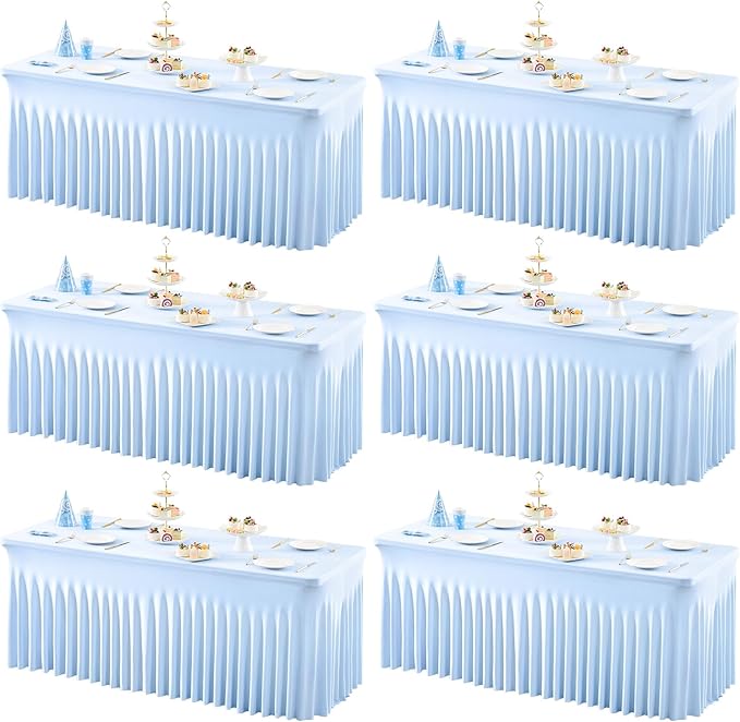 6 Packs Baby Blue Spandex Table Clothes for 6 Foot Rectangle Table, Spandex Table Covers 6FT Stretch Table Skirts Rectangle Tables Wrinkle Free Fitted Table Cover for Event, Wedding, Banquet & Parties