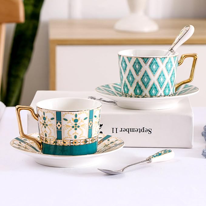 Vintage Bone China Tea Cup Set,5.4 Oz/160 ml Golden Handle Ceramic Coffee Teacup and Saucer with Spoon and Snack Fork, Style 03