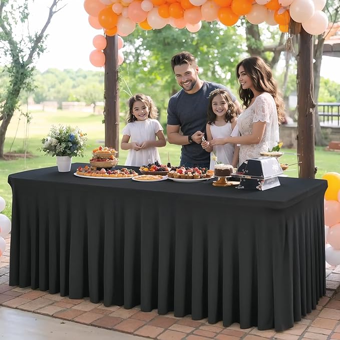 2 Packs Black Spandex Table Covers 8 Foot, Fitted Stretch Table Cloth with Skirts 96x30 Inch, Wrinkle-Free Floor Length Rectangle Tablecloths for Trade Show Weddings Parties Banquets Events