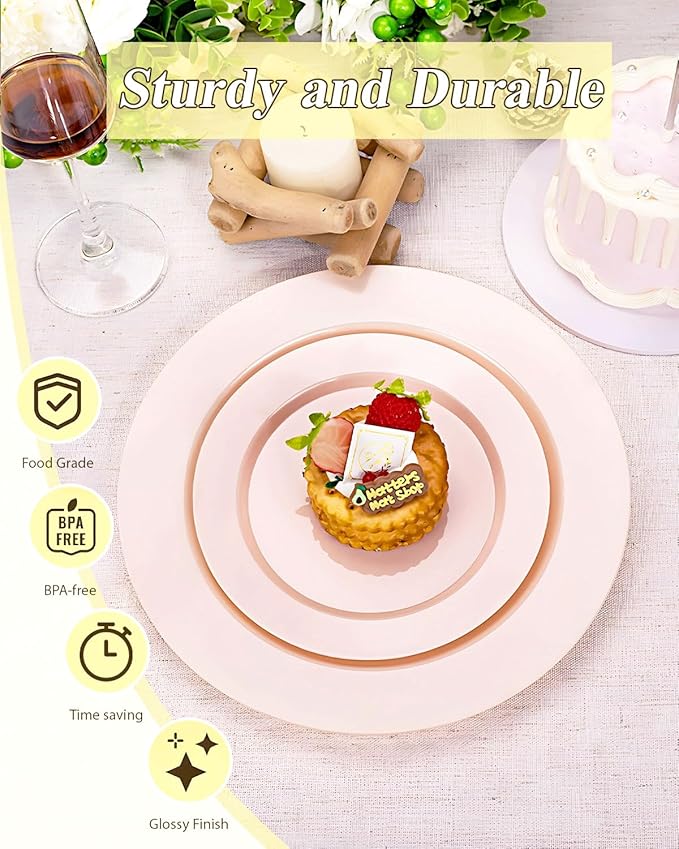 BESTSTAR 200PCS Pink Plastic Plates Set, 100 10.25 inch Dinner Plates and 100 7.5 inch Dessert Plates, Premium Disposable Plates for Party, Wedding