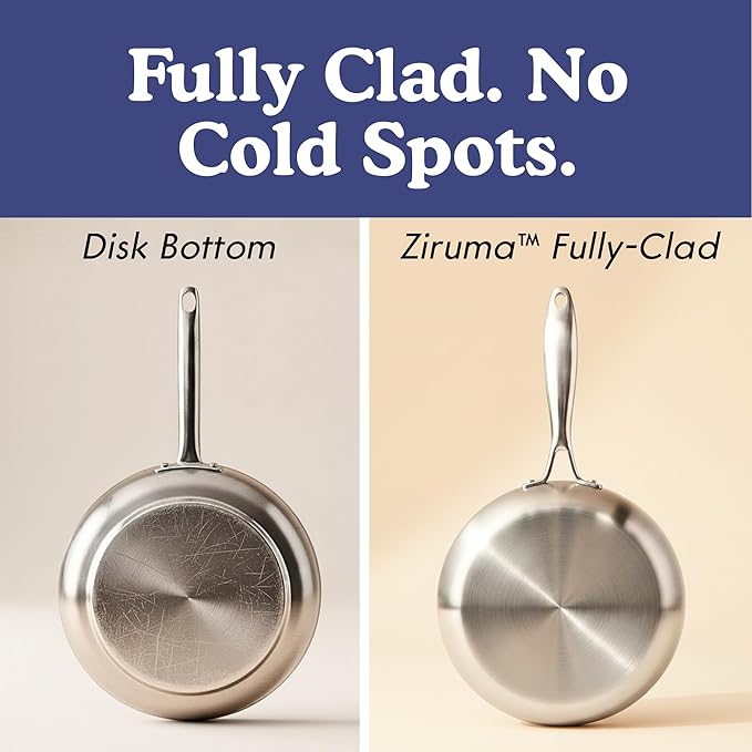 Ziruma Non-Toxic 11" Surgical Grade Stainless Steel Frying Pan, Fully Clad for Fast & Even Heat, PFOA-Free, Induction Compatible, Oven Safe to 500°F