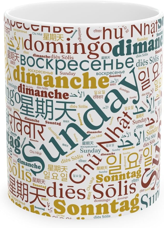 Vintage Sunday Word Cloud Mug | Global Languages Design | Teacher Appreciation Gift