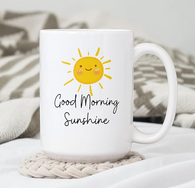 Good Morning Sunshine Coffee Mug – 15 Oz Large Ceramic Cup – Smiling Sun Design – Morning Gift for Her or Him – Positive Daily Quote