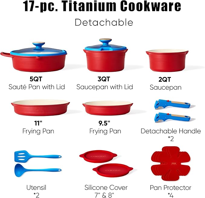 CAROTE 17Pcs Titanium Cookware Set, Pots and Pans Set Non Stick, Kitchen Cooking Set with Detachable Handle, Non Toxic Induction Cookware, Dishwasher/Oven Safe，Memphis Design