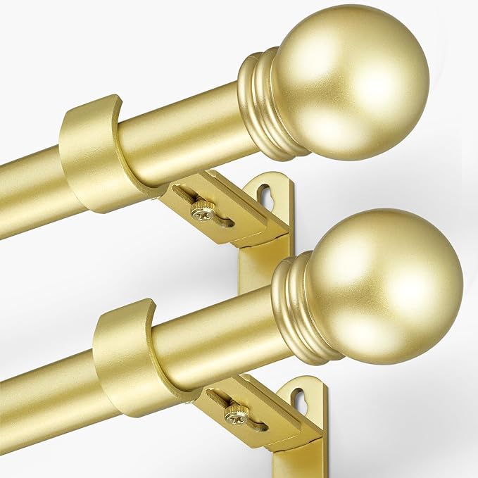 Curtain Rods for Windows 16 to 48 Inches, Curtain Rod Max Adjustable Length of 60 IN, 6/8" Diameter Drapery Rods Round Finials, Warm Gold, Pack of 2