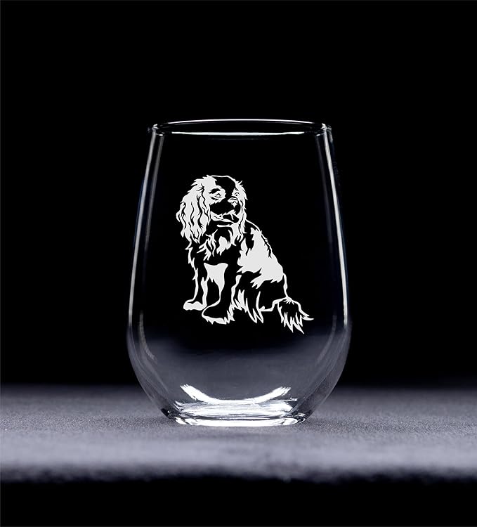 C M Cavalier King Charles Spaniel Dog Themed Stemless Wine Glass, 17 oz. for Men and Women - Dog Lover Gift (Style C1)