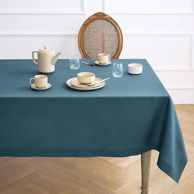 Solino Home Linen Tablecloth for Rectangle Tables 60 x 90 Inch - 100% Pure Linen Peacock Blue Table Cloth - Fete, Machine Washable Cloth Tablecloth for Winter