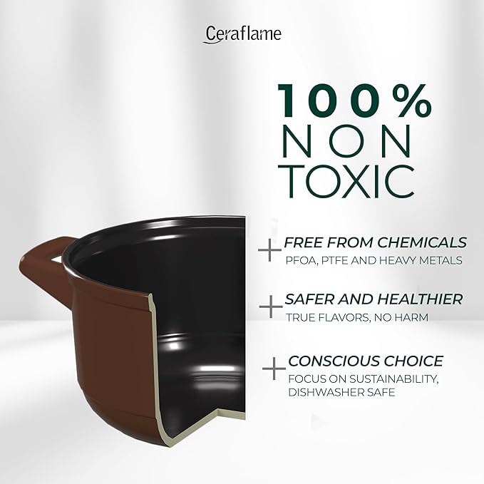 Pure Ceramic, Healthy, Non Toxic Cookware Set - Oven Safe Up to 1200F, Microwave and Dishwasher Safe, Longlasting and Lightweight - PFAS, PTFE, PFOA, PFOS - Cocoa Brown