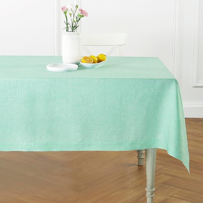 Solino Home Linen Tablecloth 60 x 120 Inch - 100% Pure Linen Chambray Aqua Table Cloth for Rectangle Tables - Athena, Machine Washable Tablecloth for Winter, Spring, Easter