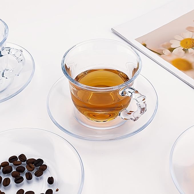 Glass Tea Cups and Saucers Set of 6 - Glass Coffee Mugs -Teacups for Espresso Cappuccino Latte Tea - Dishwasher Microwave Safe (8 OZ /240 ML)