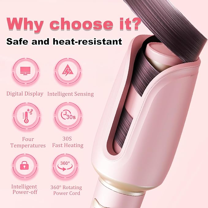 Automatic Hair Curler for Long Hair -1.25 Inch Rotating Curling Iron - 1-Click Hair Curler Automatic Rotating with 3 Temp，360°Anti-Scald Design,Anti-Tangle,Lightweight for Travel, Ceramic Coating