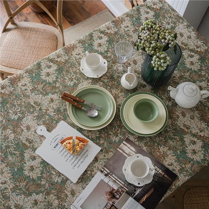 Rectangular Tablecloth Green Oil Painting Jacquard Tablecloth Oil Painting Thick Tablecloth Suitable for Restaurant Camping(140 * 260cm)