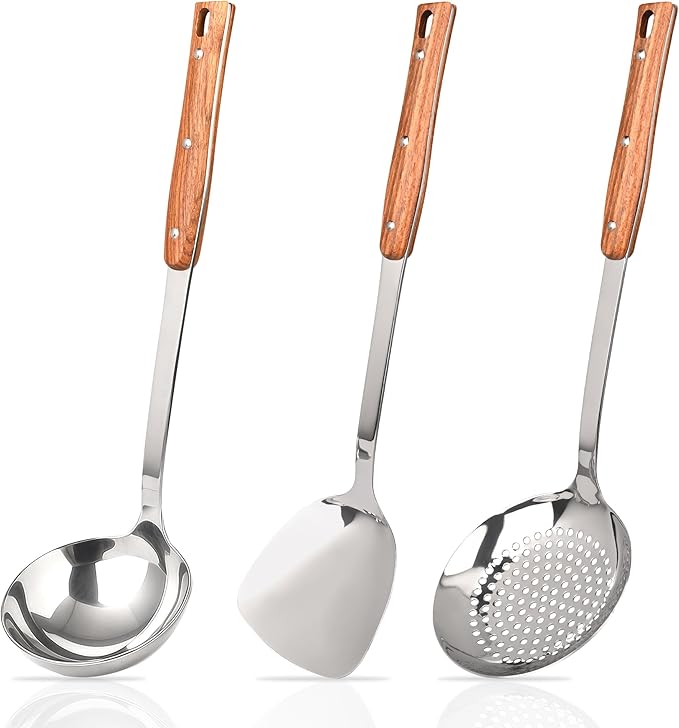 FJNATINH Spatula and Ladle Set, Heat-Resistant Wok Utensils, Stainless Steel Kitchen Utensils for Serving, Cooking, Soup, Set of 3