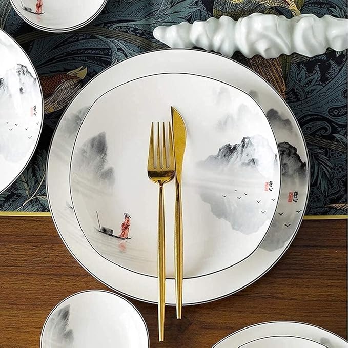 Dinnerware Set, Plates and Bowls Sets, Chinese Style Porcelain Set Dinner Dishes Set Plates/Bowls/Spoons and Soup Pot Service for 12, 60-Piece