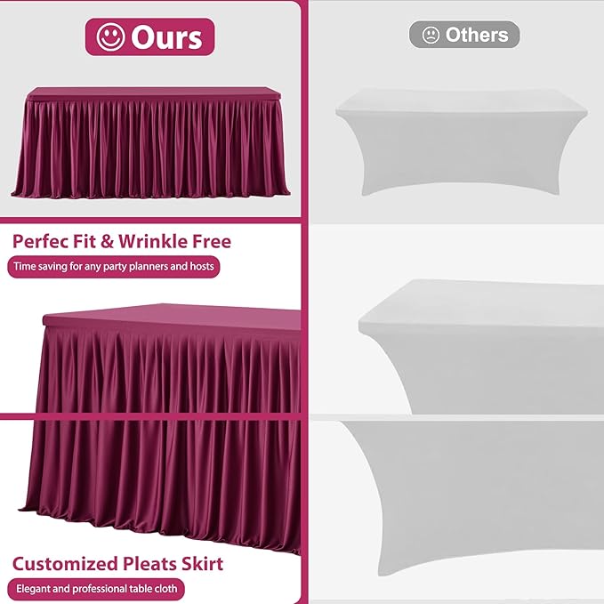 Wish Care 4 Pack Wine Red Rectangle Table Clothes for 8 Foot Tables, Polyester Fitted Tablecloths 8ft Stretch Table Cover for Wedding, Birthday, Parties, Trade Show, Craft Show