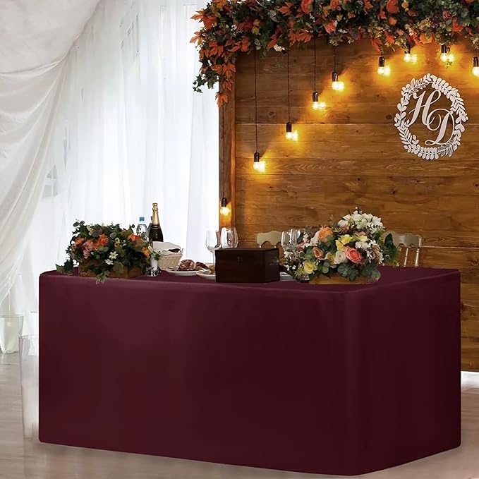 HolidayIdeas 2 Pack Fitted Tableclothes - 48 x 24 Inch - Burgundy Rectangle Tablecloths for 4 Foot Tables, Polyester Fabric Table Covers for Trade Show, Craft Show, Parties, Dinner