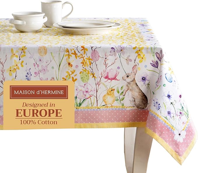 Maison d' Hermine Table Cloth Rectangle Table 100% Cotton 60 x 90 Inches Tablecloth Reusable Decorative for Dining Room Farmhouse Home Valentines Day Decorations Spring Summer - Easter Zest