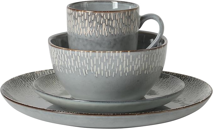 Gibson Elite Jasper 16 Piece Plates and Bowls Reactive Glaze Dishes Stoneware Ceramic Dinnerware Set - Service for 4 - Grey