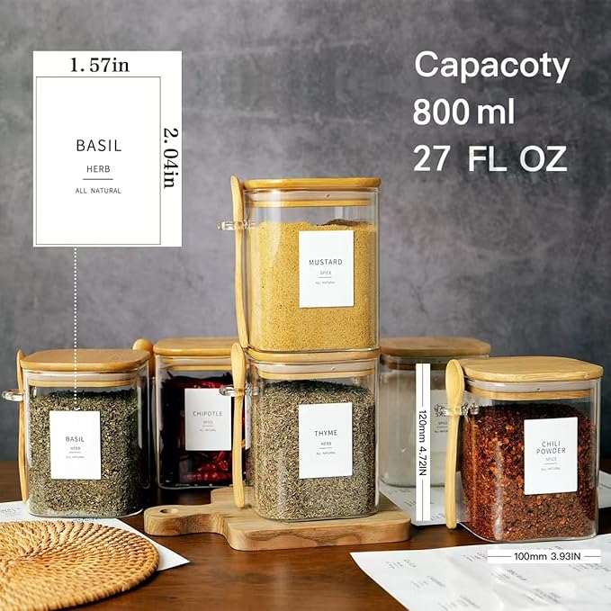 6 Pcs Square Glass Jar with Bamboo Lid and Spoon - 27 oz Large Sugar Container with 148 Kitchen Pantry Spice Jar Labels Preprinted - Glass Containers with Wooden Lids Hold Coffee, Tea, Candy