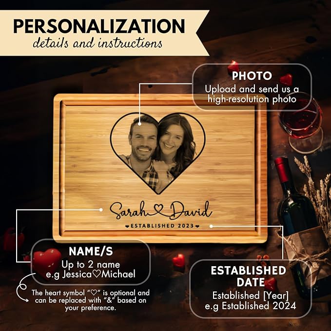 Personalized Photo Gifts for Girlfriend Women Wife Mom Her, Customized Cutting Board with Photo, Unique Valentines Gifts for Couples, Custom Charcuterie Board Valentines Day Gift Basket