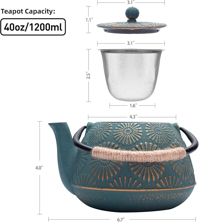 Cast Iron Teapot, 40oz Tea Kettle with Infuser for Stove Top, Sakura Design Japanese Tea Pot for Loose Leaf Coated with Enameled Interior, 1200ml Green