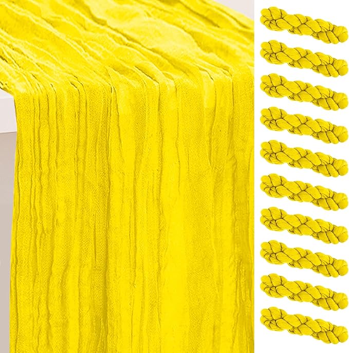 10 Pack Yellow Cheesecloth Table Runner 35x120 Inch 10Ft Rustic Gauze Cheese Cloth Table Runner Sheer Cheesecloth Table Runners for Wedding Party Bridal Shower Decoration