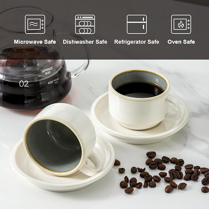 JIEMEI HOME Porcelain Stackable Espresso Cups with Saucers and Metal Stand, 4 Ounce Demitasse Cups for Specialty Coffee Drinks, Cafe Mocha Tea-Set of 4, Stackable Espresso Mugs, White & Green
