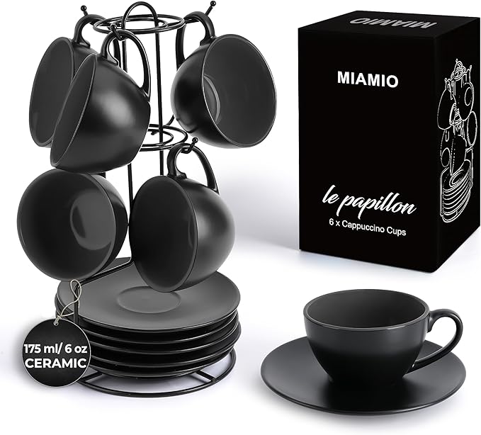 MIAMIO - Set of 6, Ceramic Stackable Cappuccino Cups Set / 6 Ounce Cappuccino Mugs and Saucer with Metal Stand for Coffee Drinks, Cafe, Latte, Americano and Tea - Le Papillon Collection (Black)