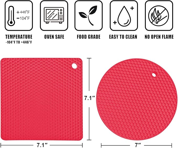 Walfos Silicone Trivet Mats - 4 Heat Resistant Pot Holders, Multipurpose Non-Slip Hot Pads for Kitchen Potholders, Hot Dishers, Jar Opener, Spoon Holder, Food Grade and BPA Free (Red)