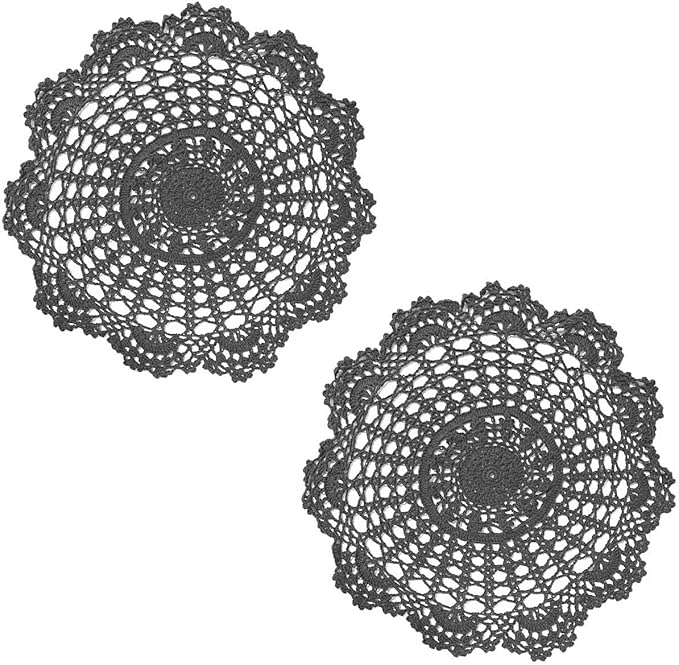 BIBITIME 2PCS Lace Table Doilies Kitchen Placemats Round Handmade Crochet Flower Cup Mug Mat Doily (15 inches to 16 inches,2PCS, Dark Grey)