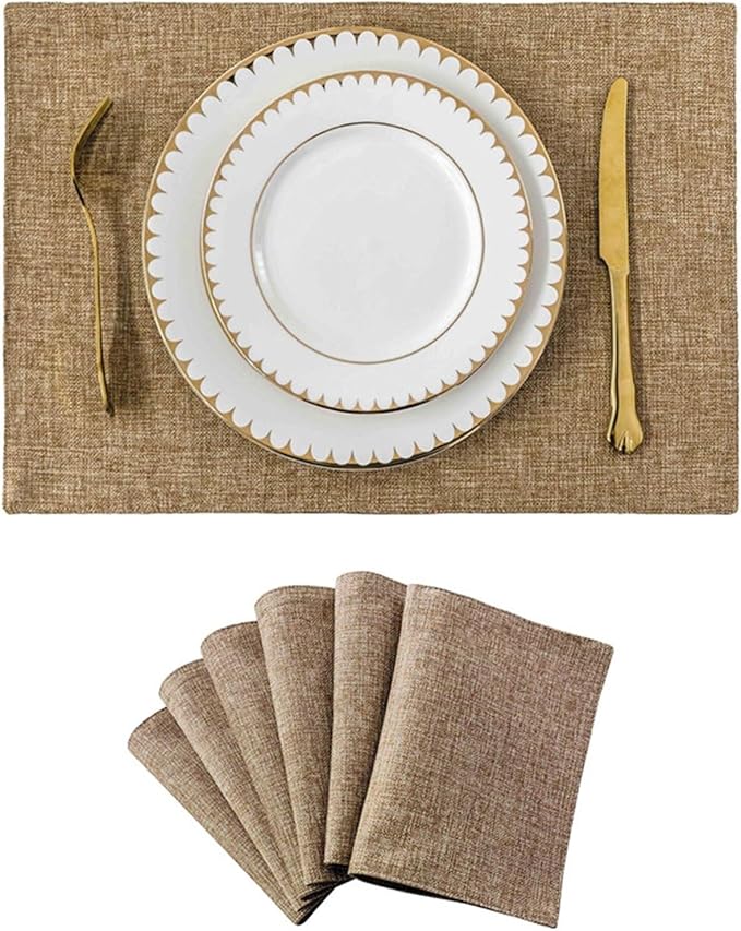 Placemat Set of 4/6 Washable Place Mats Placemats Heat Faux Linen Burlap Placemat for Dining Table Kitchen Table Mats(Champagne 6 Pieces)