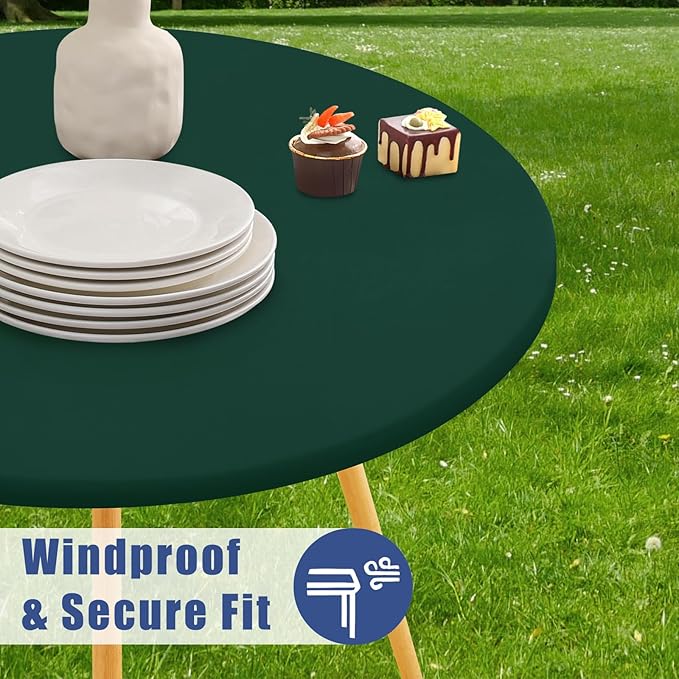Round Spandex Tablecloth, Elastic Fitted Waterproof Tablecloths for 42"-50" Tables, Stretch Washable Picnic Table Cover for Camping, Dining, Indoor and Outdoor, Hunter Green