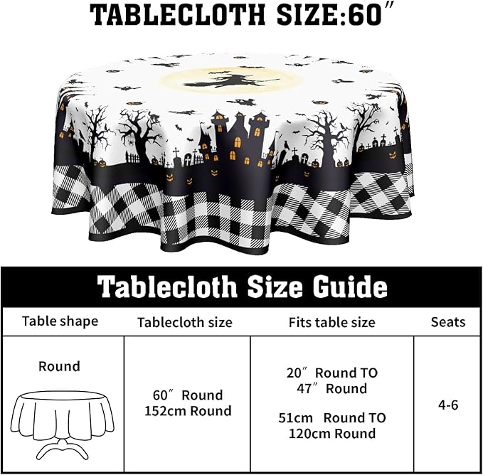 Halloween Tablecloth Round 60 Inch White and Black Castle Ghost Buffalo Plaid Table Cloth Rustic Holiday Table Cover for Kitchen Dinner Home Decor
