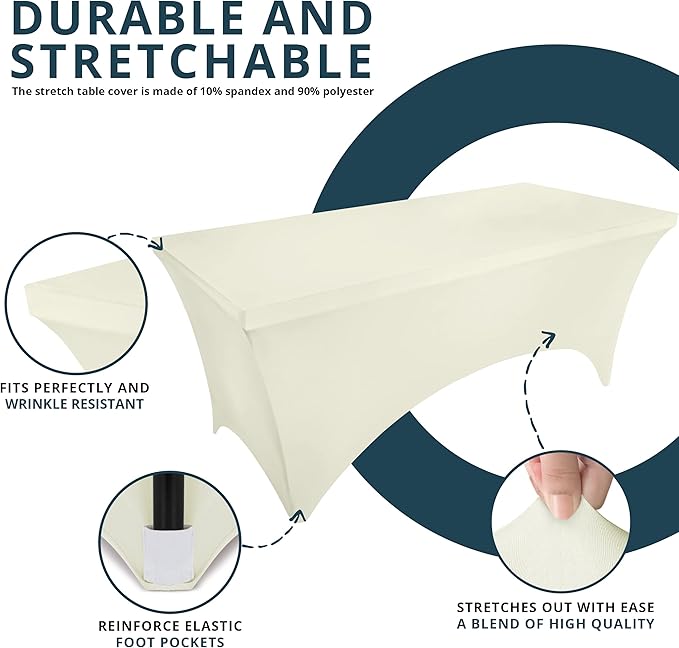 Utopia Kitchen Spandex Tablecloth 2 Pack [8FT, Ivory] Tight, Fitted, Washable and Wrinkle Resistant Stretch Table Cloth Rectangle Cover for Trade Show, Weddings & Parties [96Lx30Wx30H Inch]