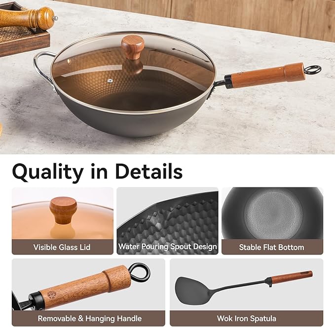 WANGYUANJI 12.6 Inch Iron Wok with Glass Lid and Iron Spatula, Flat Bottom Carbon Steel Wok Pan with Helper Handle, Non-Coated Stir Fry Pan for Induction, Gas and Electric Stoves