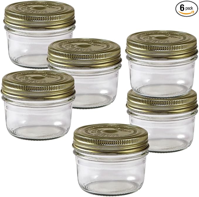 Le Parfait Familia Wiss Terrine Wide Mouth French Glass Jar w/Airtight 2-Piece System Gold Lids | Ideal for Canning, Food Storage, Meal Prep, Cake Jar & DIY Crafts | 7oz Half/Pint (Pack of 6) 200ml