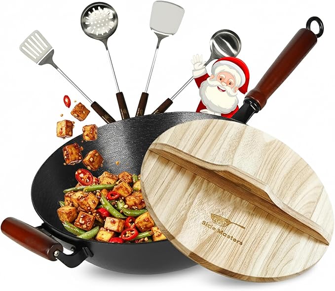 Pre-Seasoned Cast Iron Nonstick Stir-Fry Pan | Dual Handles & 4 Spatulas | Flat Bottom Wok with Wooden Lid & Wood Handle | Traditional Chinese Induction Wok (36Cm)