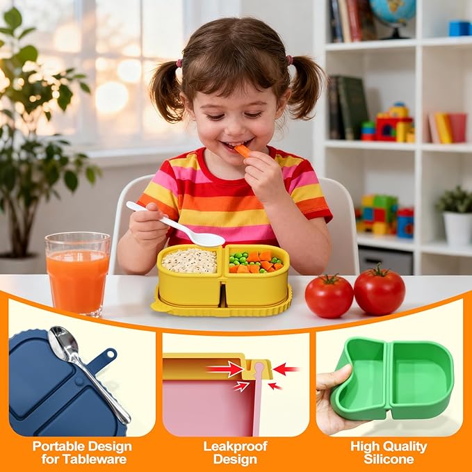 4 Pack Silicone Reusable Snack Containers with Lids, 8.5oz 2 Compartment Snackle Box Container, Leakproof Bento Box Snack Pack Containers Food Storage for Lunch, Picnic, Travel, Office